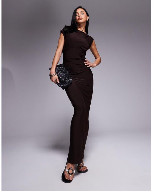 Fashionkilla Blue Exclusive Double Sculpted Slinky Sleeveless Asymmetric Neck Ruched Bodycon Maxi Dress