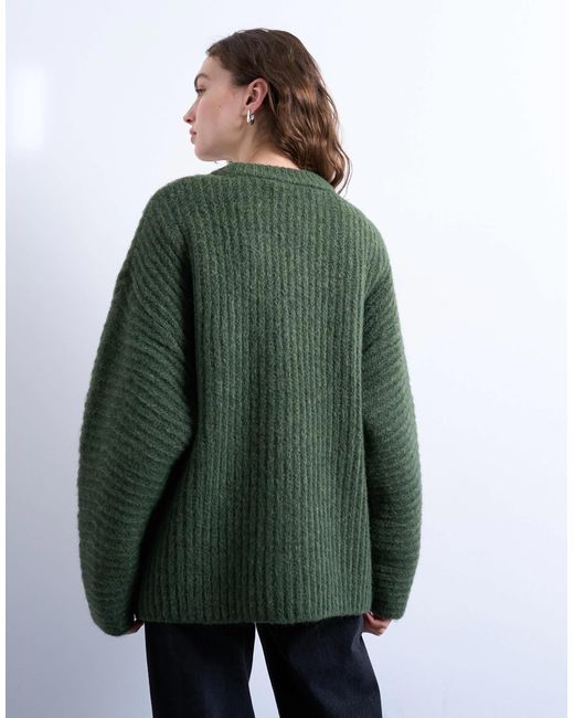 TOPSHOP Green Knitted Oversized Ribbed Balloon Sleeve Jumper