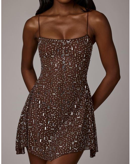 Oh Polly Brown Hanky Hem Hot Fix Embellished Mini Dress