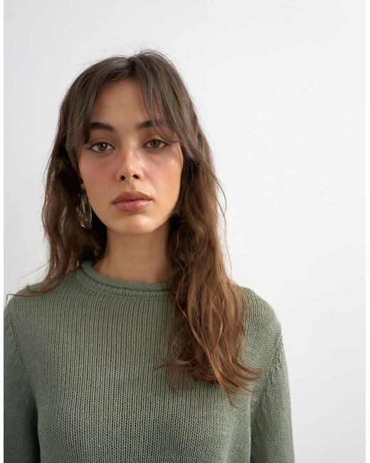 TOPSHOP Green Knitted Long Sleeve Top With Roll Hem Trims
