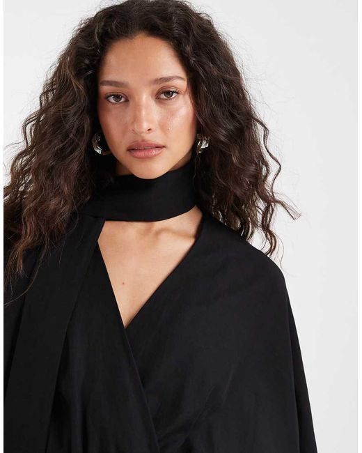 & Other Stories Black Scarf Detail Linen Look Wrap Mini Dress
