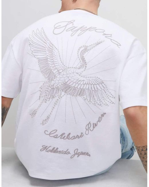 River Island White Oversized Fit Sappora Crane T-Shirt for men