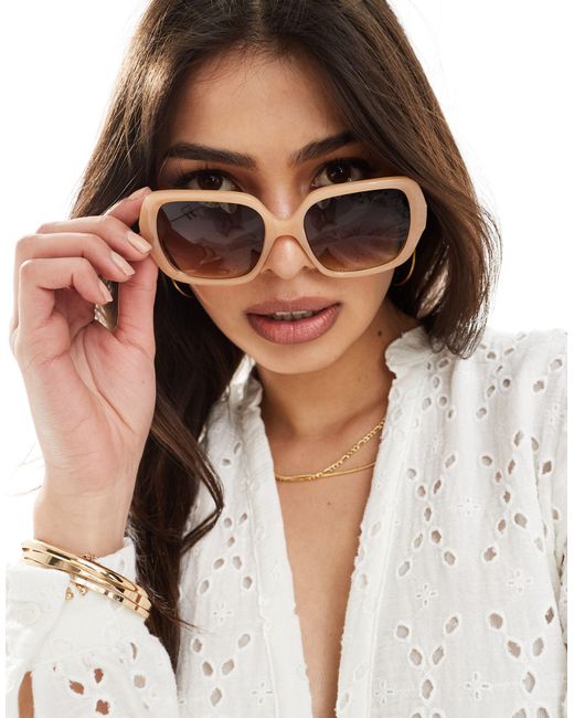 Pieces Brown Square Beige Frame Sunglasses With Tortoiseshell Arm Detail