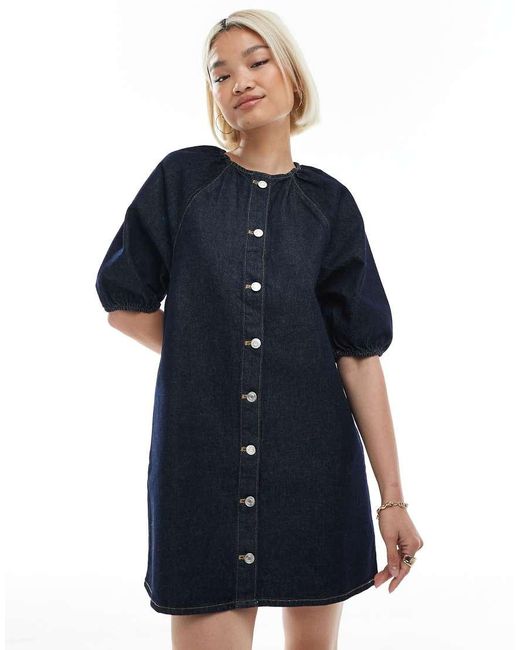 Vestido Vaquero Corto Con Enjuagado Y Mangas Raglán Abullonadas De -Azul Marino ASOS de color Blue