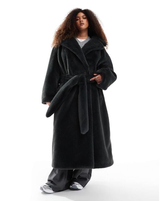 ASOS Black Asos Design Curve Longline Belted Faux Fur Coat