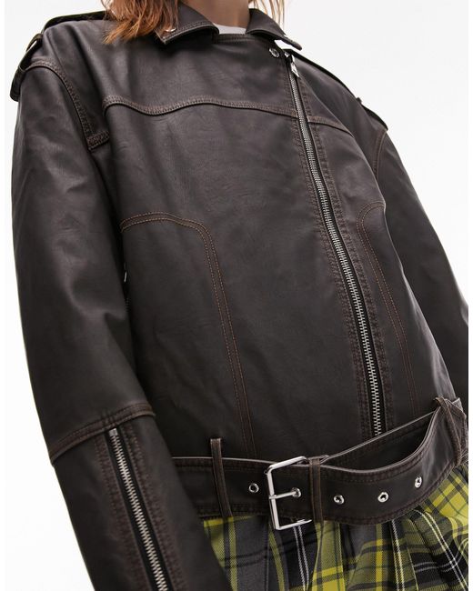 Faux Leather Boxy Washed Biker Jacket With Contrast Stitch
