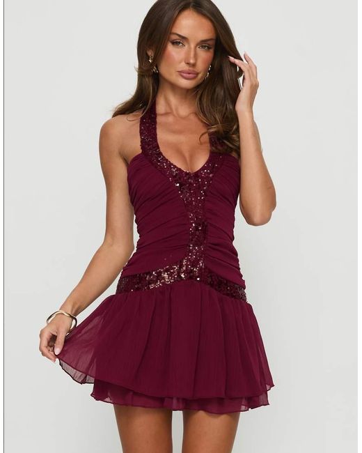 Princess Polly Aisleigh Mesh Overlay Sequin Detail Halterneck Shirred Detail Mini Dress