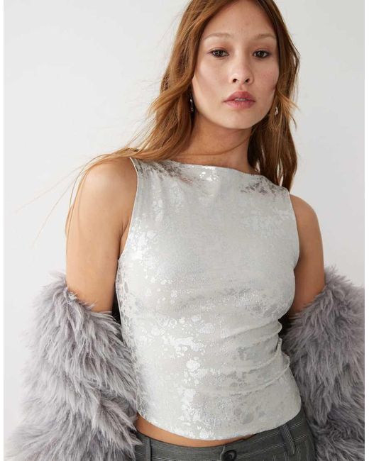 Weekday Gray Annie Boat Neck Top With Silver Cracked Metallic Detail