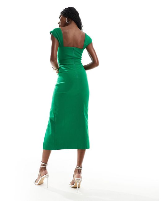 Vesper Green Bardot Midi Dress With Thigh Split