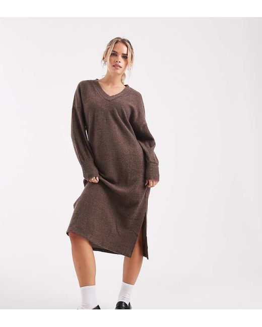 Vero Moda Brown Soft Rib Knit V Neck Midi Dress