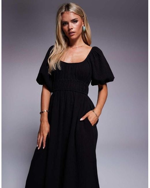 Vestido Midi Con Mangas Abullonadas De Tejido Efecto Lino De River Island de color Black