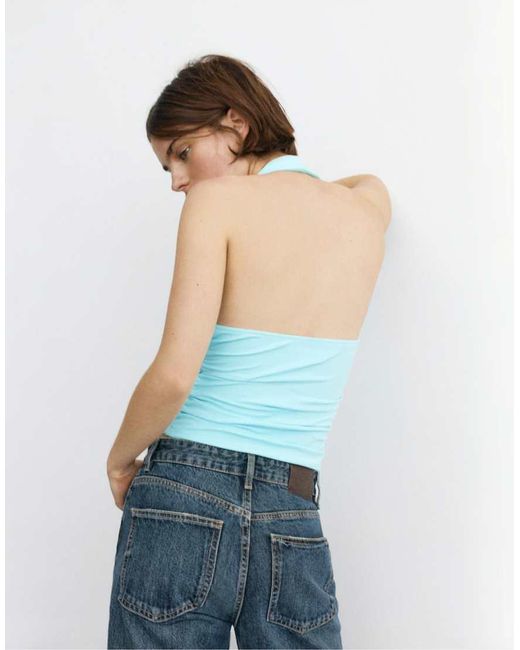 Pull&Bear Blue Halter Neck Top With Gathering