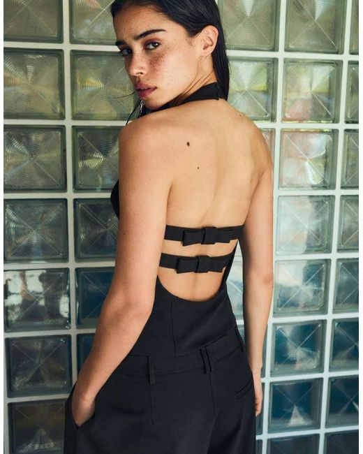 Bershka Green Structured Halter Top With Ties
