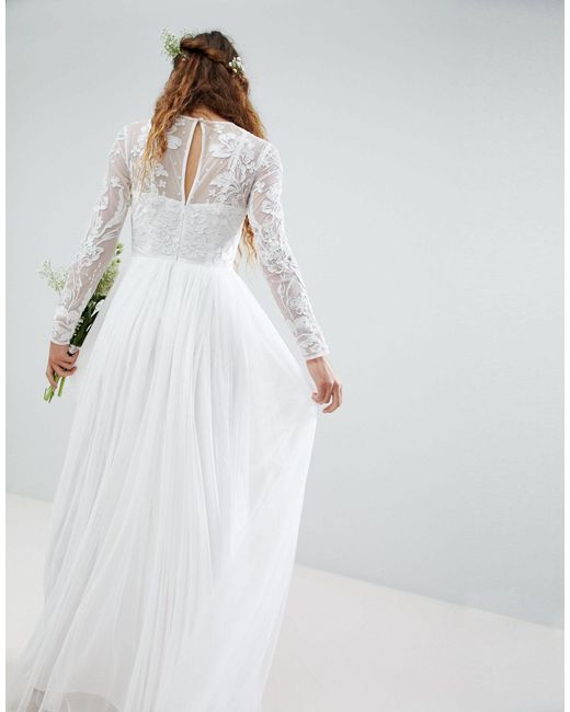 asos edition long sleeve lace bodice maxi wedding dress with pleated skirt