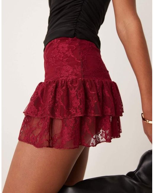 Miss Selfridge Red Ruffle Detail Lace Skort