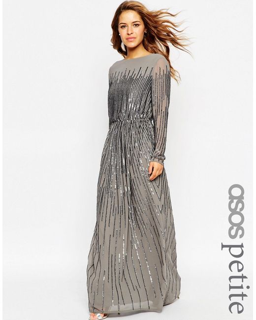 ASOS Gray Petite Linear Sequin Long Sleeve Maxi Dress