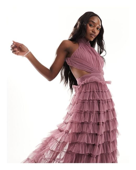 Beauut Purple Bridesmaid High Neck Maxi Dress With Ruffle Skirt And Open Back