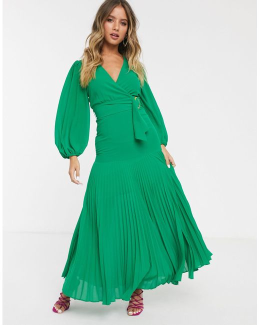 Vestido largo con abertura hasta el muslo y cinturón en intenso Bardot de color Green