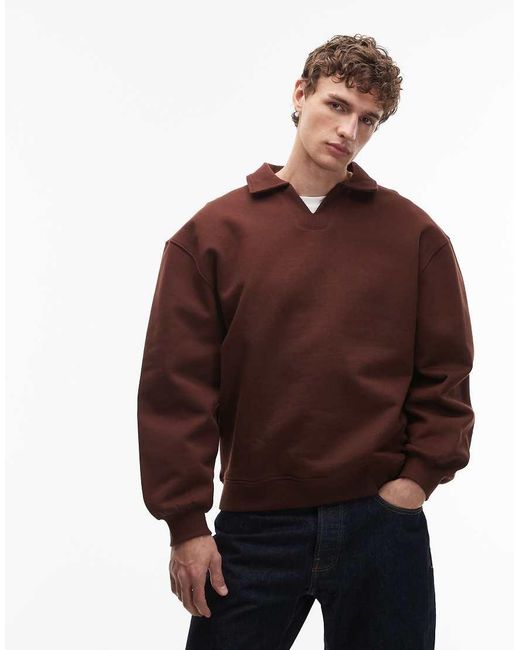 ASOS Red Oversized Heavyweight 400gsm Notch Neck Polo Sweatshirt for men