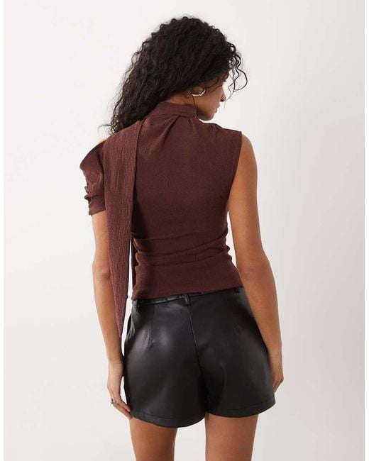 ASOS Brown Textured Scarf Neck Fallen Shoulder Top