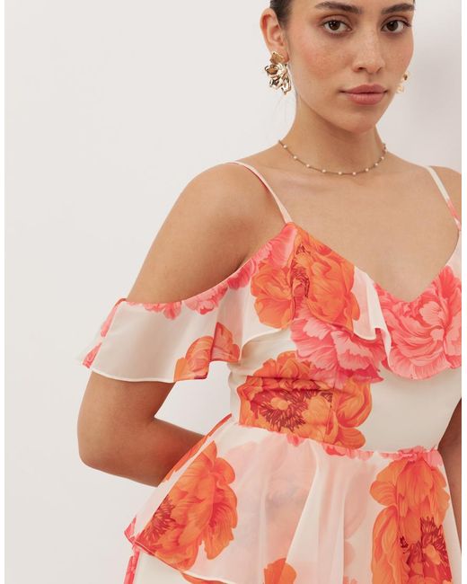 ANAYA Orange Floral Cold Shoulder Tiered Maxi Dress