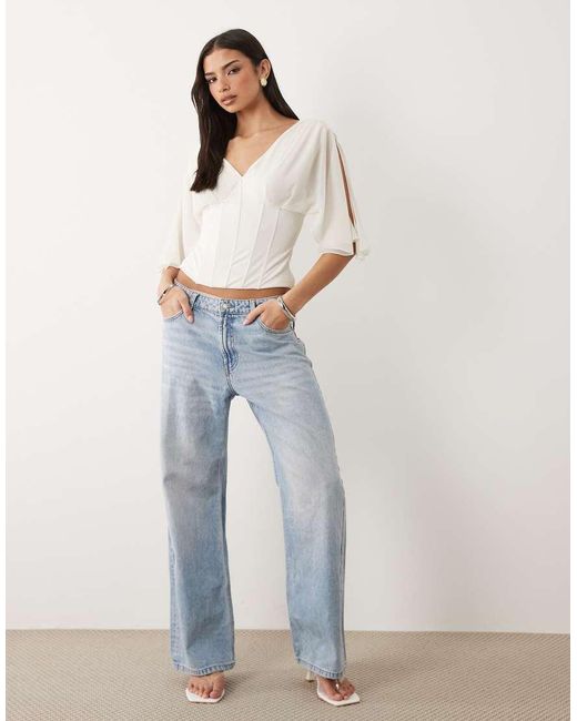 Gina Tricot White V Neck Floaty Sleeves Corset Top