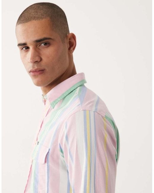 Polo Ralph Lauren White Icon Logo Striped Cotton Long Sleeve Shirt for men