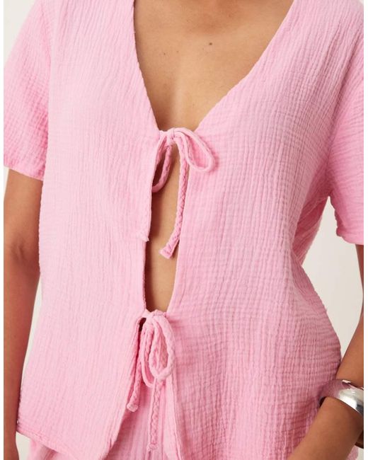 Jdy Pink Short Sleeve Tie Front Cheesecloth Shirt Co-ord