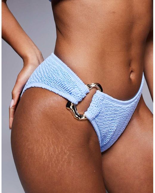 Moda Minx Blue Scrunch Brazilian Bikini Bottom With Irregular Hoop Detail