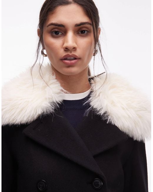 & Other Stories Black Wool Short Double Breasted Coat With Flap Welt Pockets And Faux Fur Collar