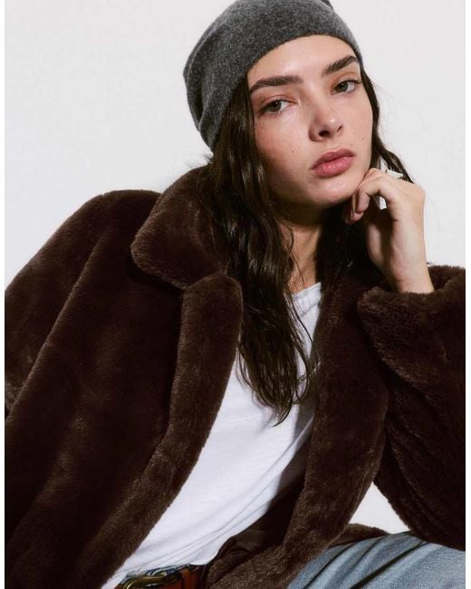 Pull&Bear Brown Fur Coat With Lapel Collar