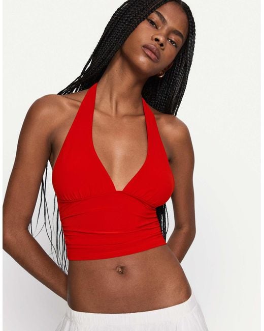 Bershka Red – gerafftes neckholder-oberteil