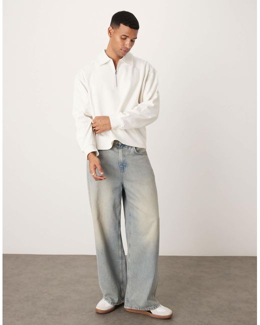 ASOS White Boxy Oversized Quarter Zip With Collar for men