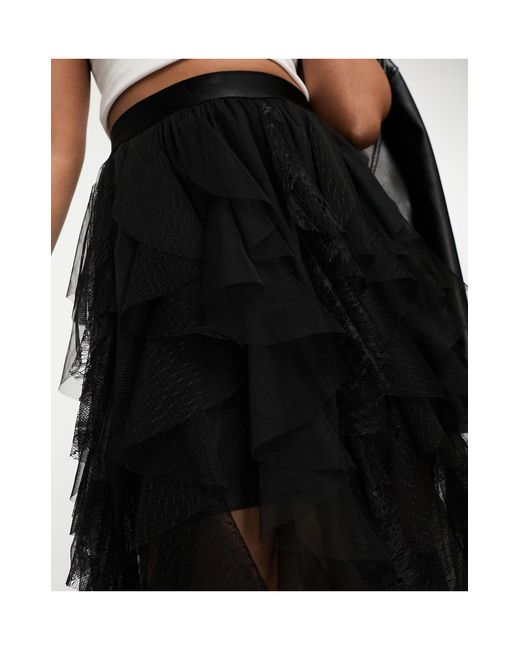 Miss Selfridge Black Ruffle Mixed Lace Midi Skirt