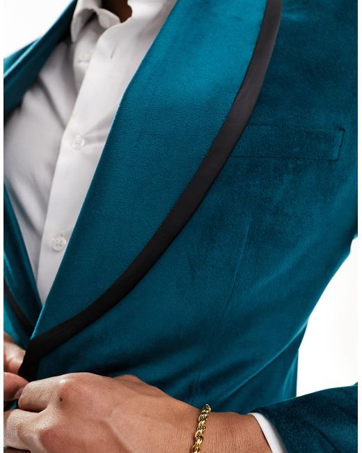ASOS Blue Slim Velvet Blazer With Contrast Trims for men