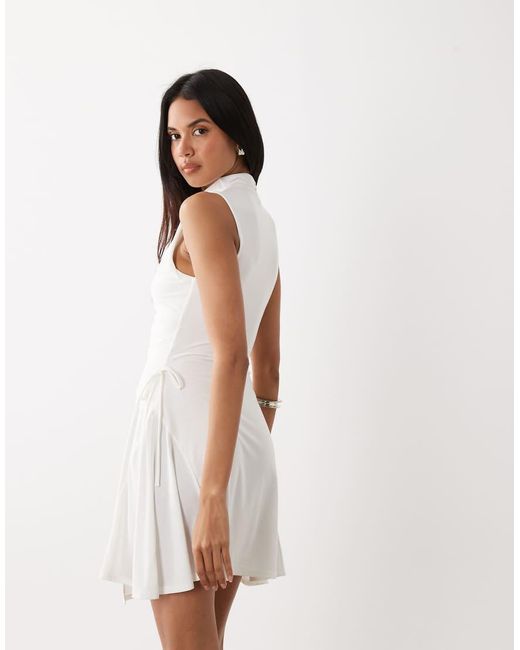 Kaiia White Exclusive Double Layered Slinky High Neck Long Sleeve Tie Side Skater Mini Dress
