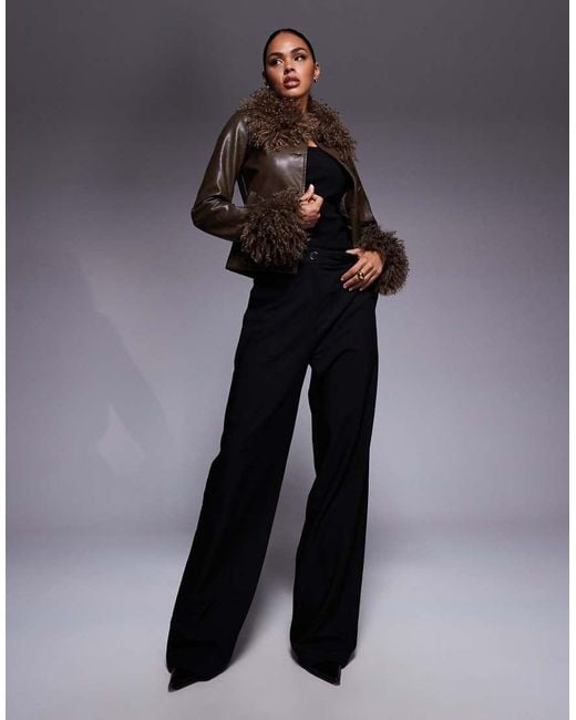 Princess Polly Gray Cupid shaggy Faux Fur Trim Leather Look Jacket