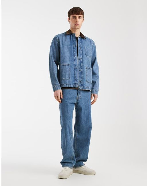 Redefined Rebel Blue Wallace Denim Utility Style Jacket With Contrast Collar for men