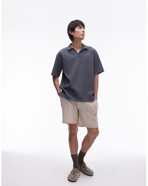 Topman Blue Short Sleeve Plisse Polo Shirt for men