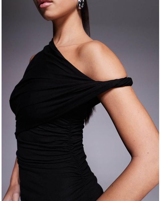 ASOS Blue Ruched Twist Side Cut Away Draped Top