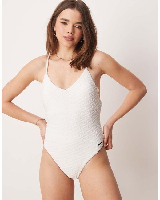 Nike White Nike Terry V Neck One Piece Swimsuit