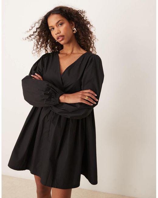 ASOS Cotton V Neck Mini Smock Dress in Black Lyst