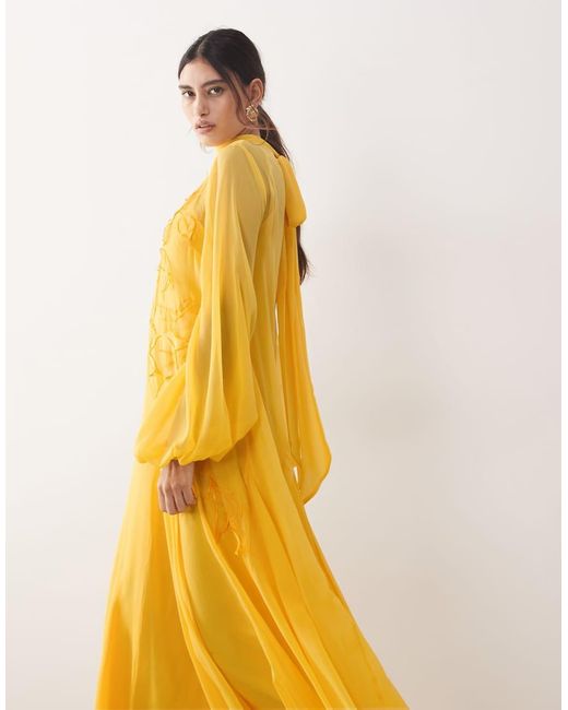 ARRANGE Yellow Applique Floral Tie Neck Blouson Sleeve Trapeze Maxi Dress