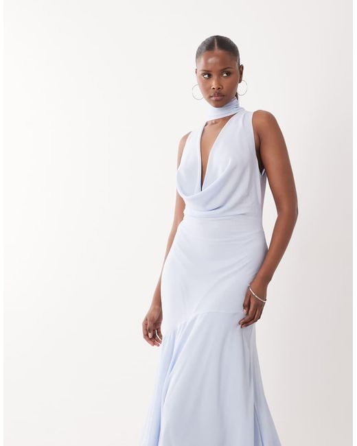 TFNC London White Bridesmaids Cowl Neck Chiffon Midi Dress With Neck Tie