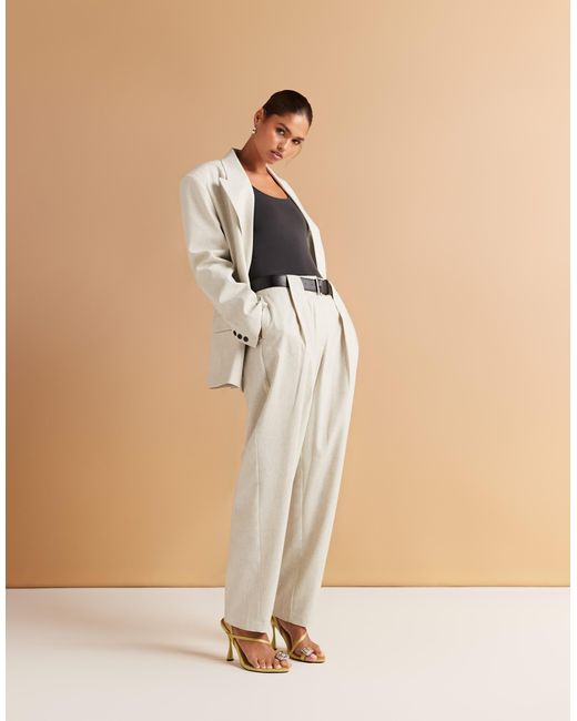 ASOS Natural Tailored Textured Barrel Leg Trousers With Belt