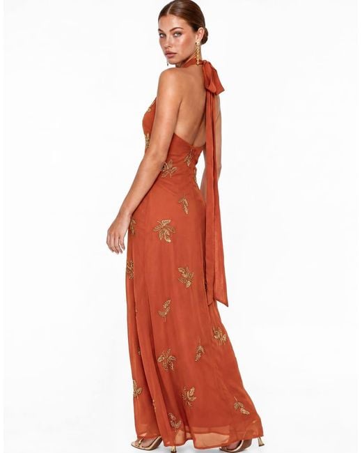 Maya Orange Embellished Halter Neck Open Back Maxi Dress