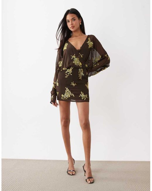 ASOS Brown Batwing Embellished Slouchy Hip Mini Dress With Lace Cami