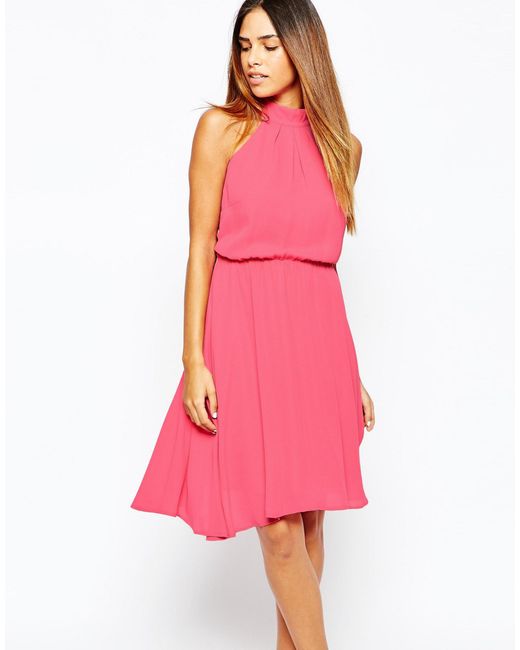 Warehouse Strap Back Halterneck Dress in Pink | Lyst