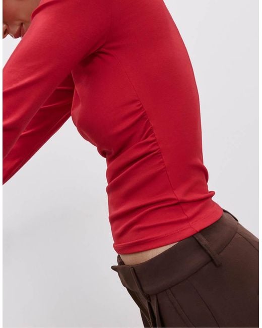 Stradivarius Red Long Sleeve T-Shirt With Gathering