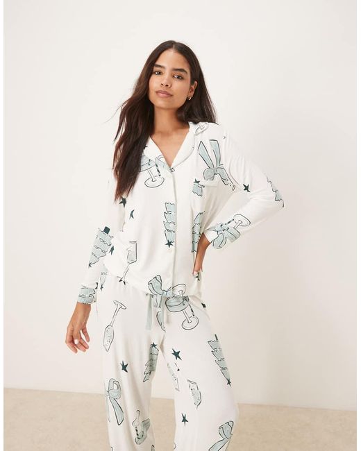 ASOS Natural Super Soft Long Sleeve Shirt & Pants Pajama Set With Contrast Piping